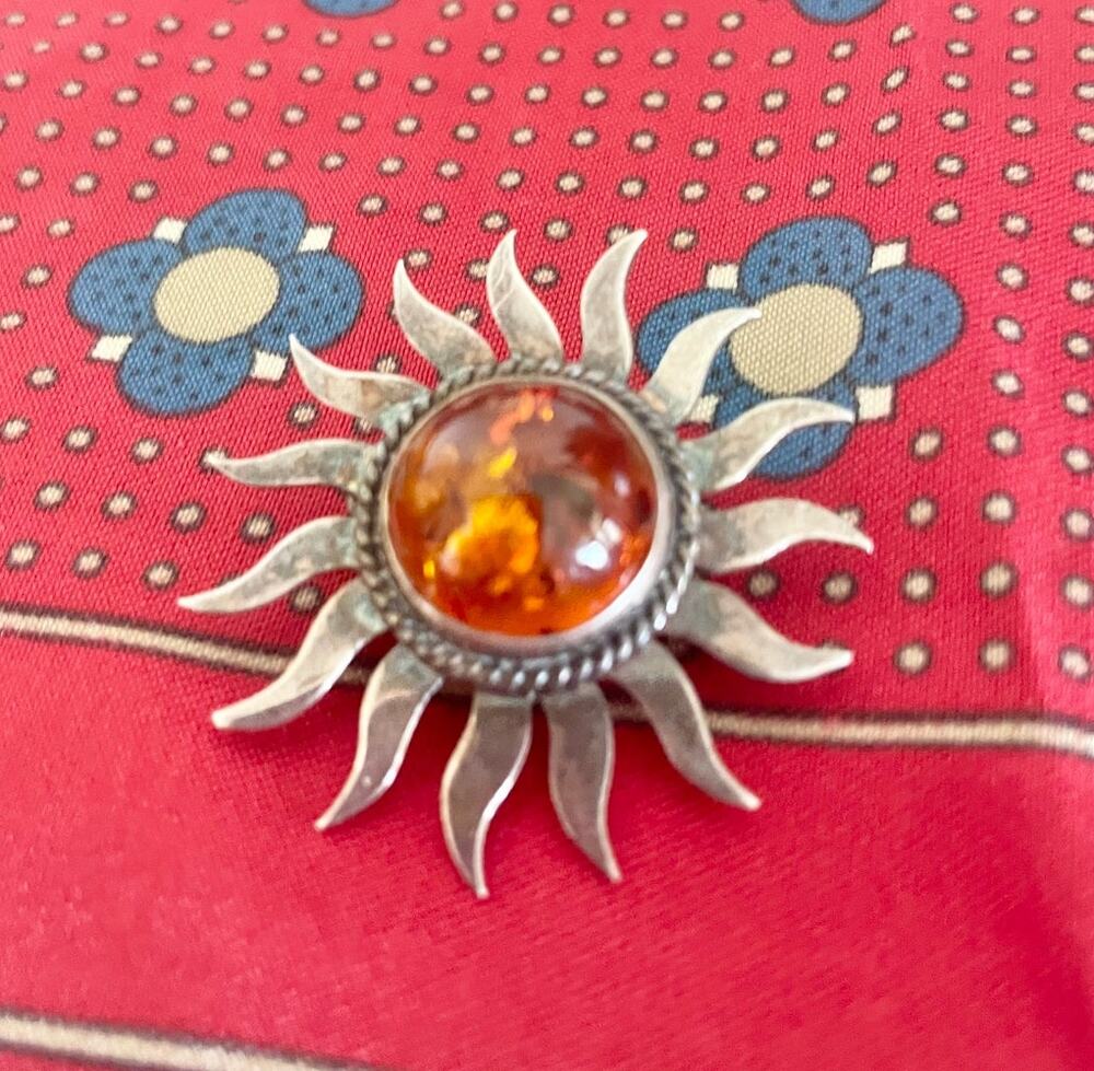 Vintage 925 Sterling Silver Amber Sunburst Brooch Pin